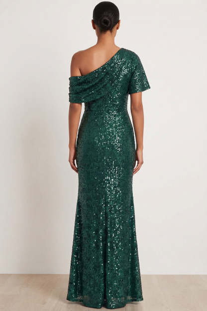 Sparkly Champagne Sequined Mermaid One Shoulder Long Gala Dress
