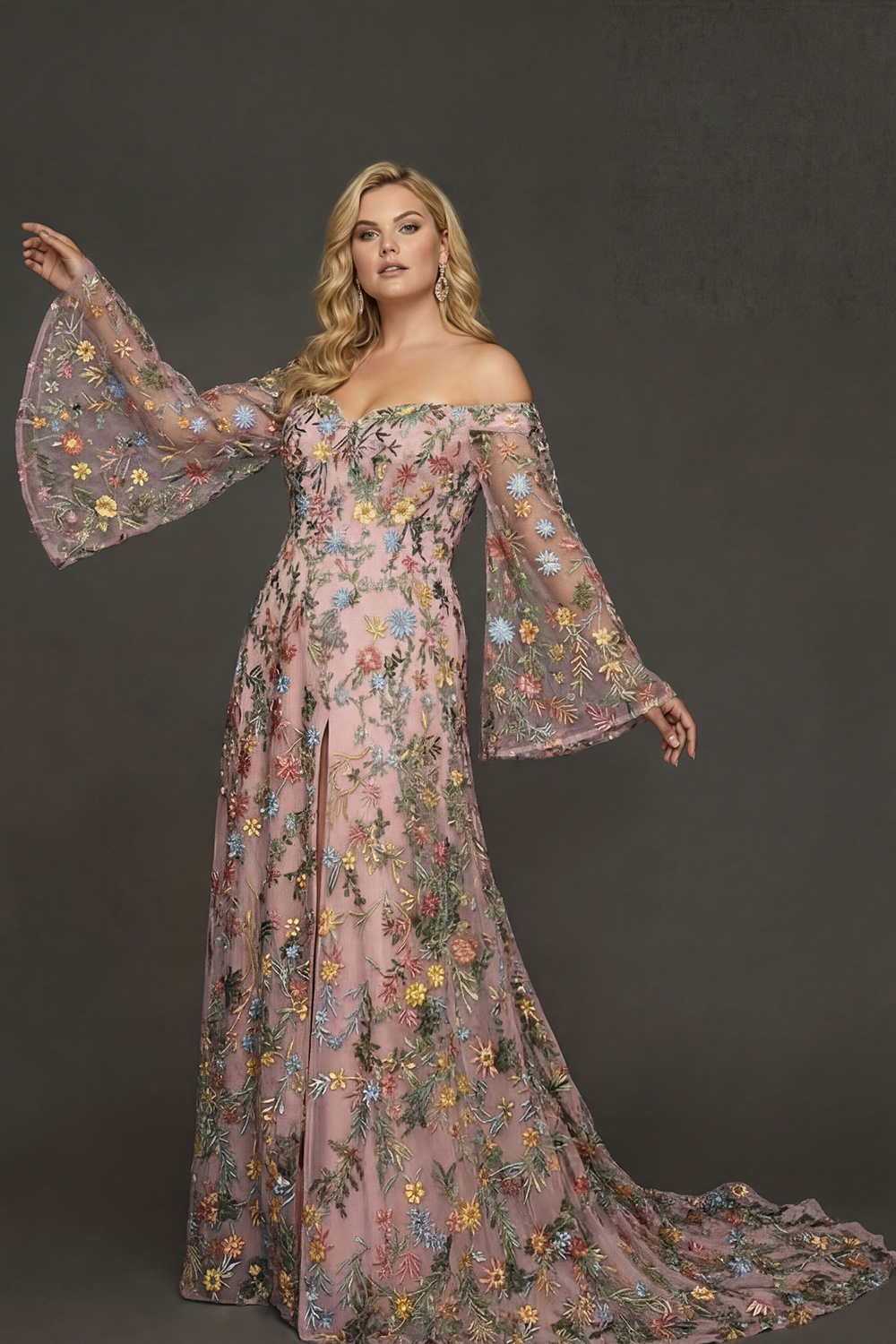 Embroidered Mauve Floral Plus Size Flutter Sleeves Maxi Prom Dress with Slit