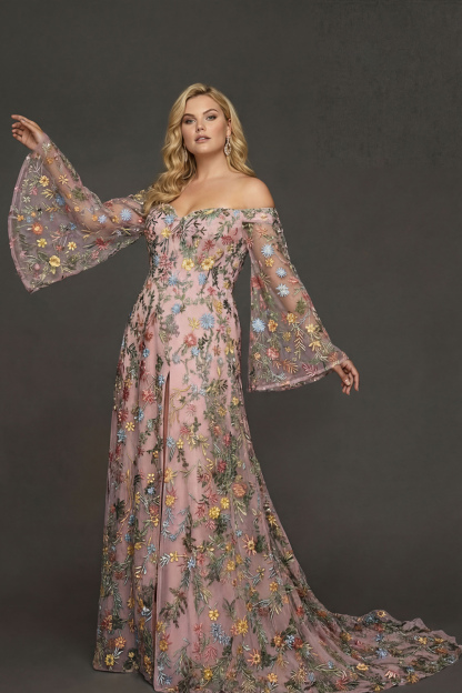 Embroidered Mauve Floral Plus Size Flutter Sleeves Maxi Prom Dress with Slit