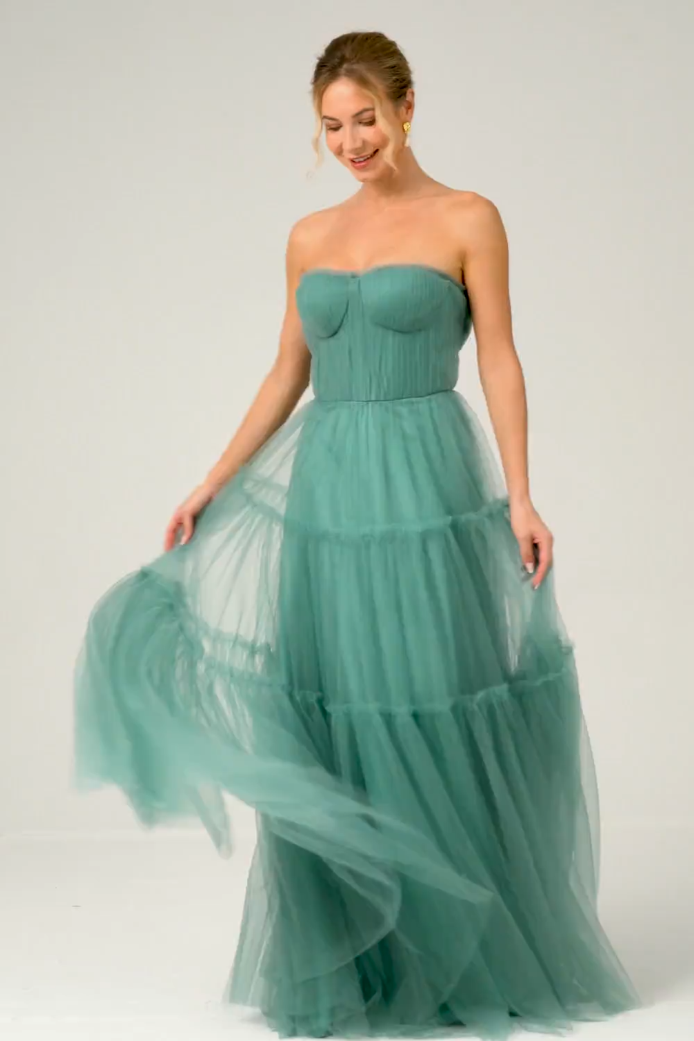 Eucalyptus Strapless Corset Tulle A-Line Tiered Bridesmaid Dress