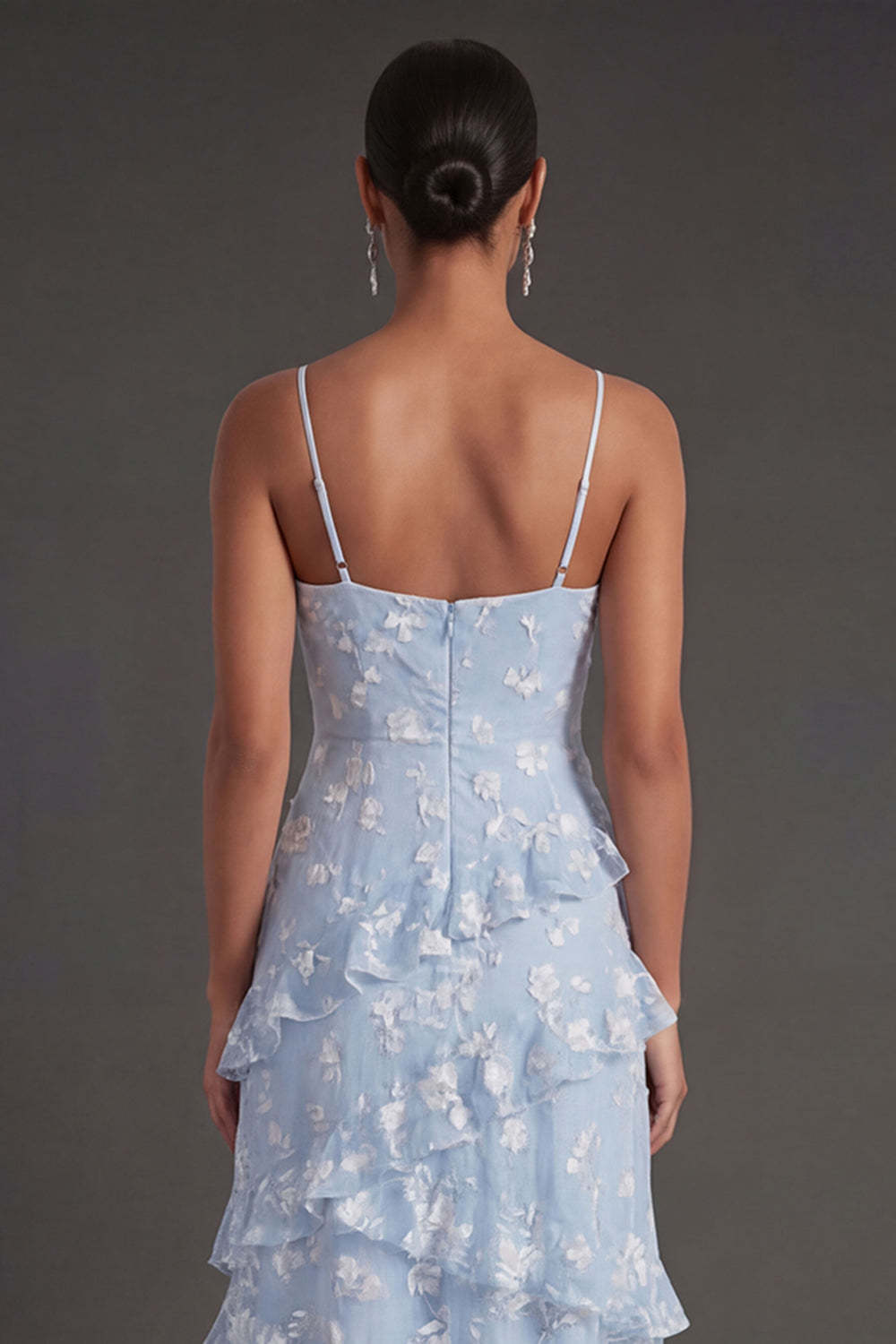 Floral White A Line Spaghetti Straps Ruffled Long Engagement Dress with Slit