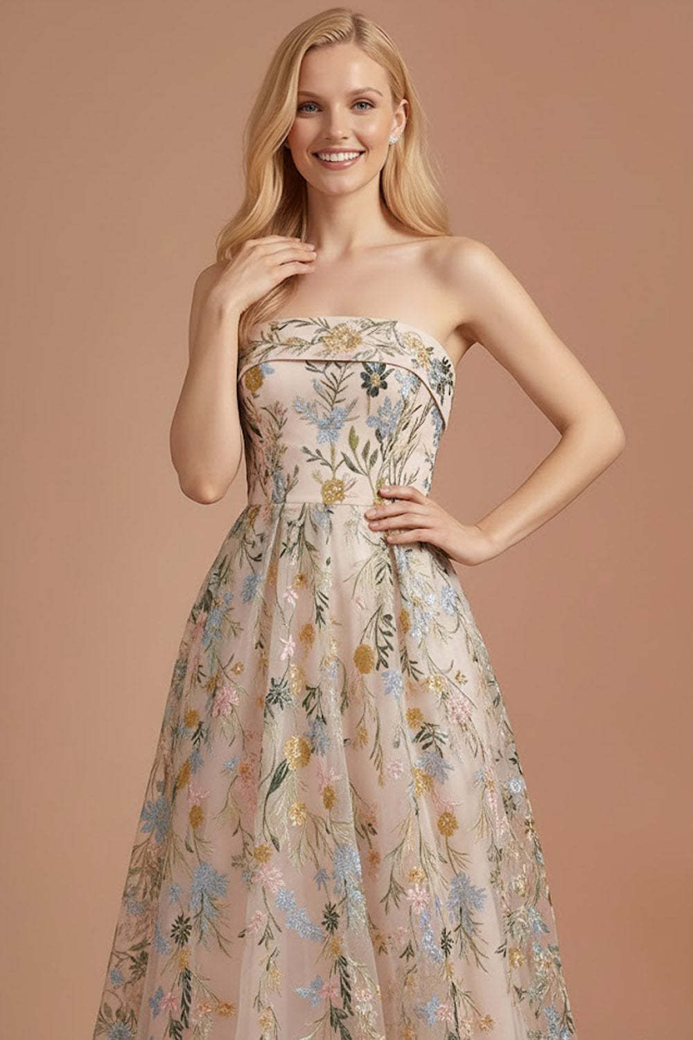 Blue Floral A Line Backless Long Wedding Guest Dress
