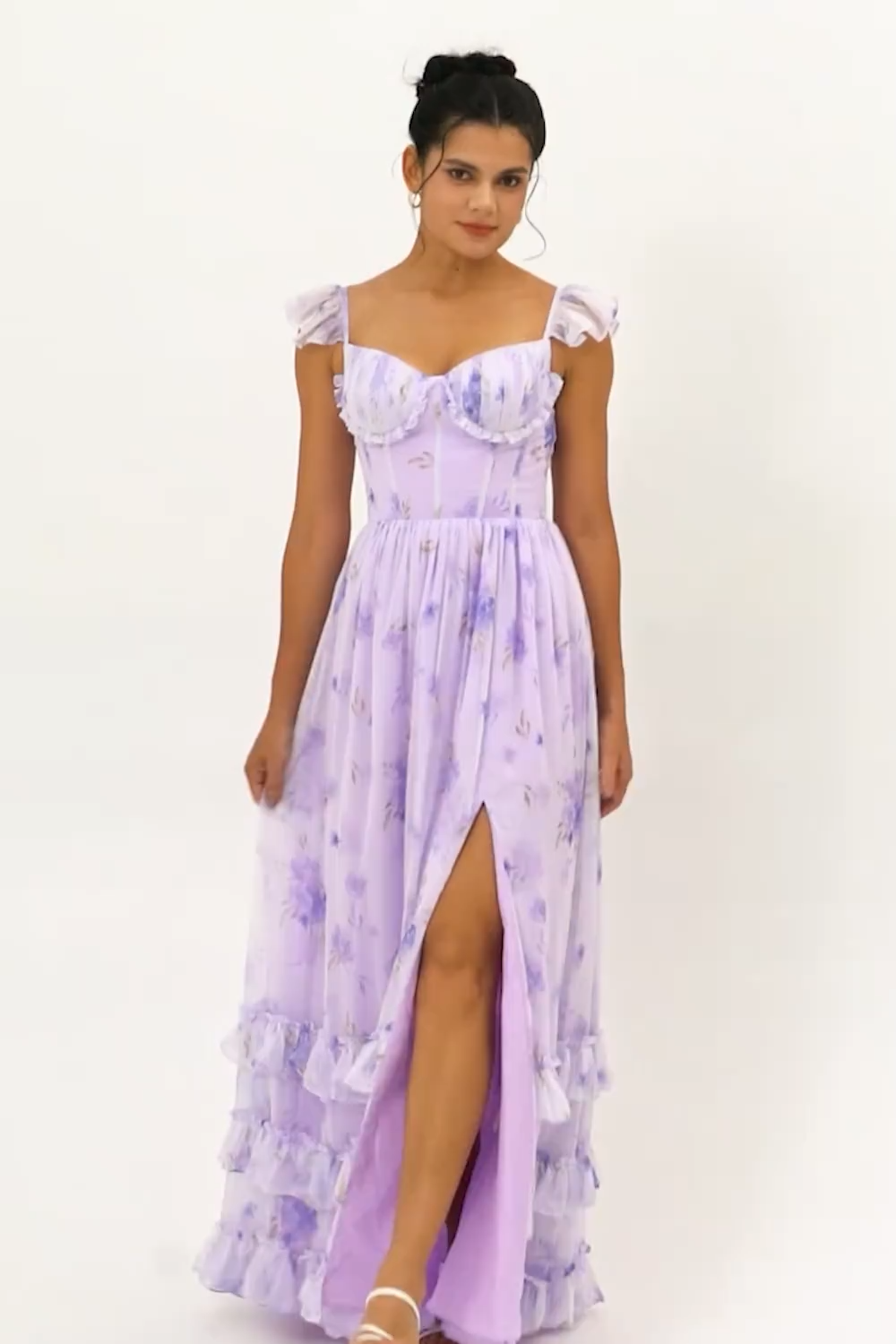 Lavender Corset Floral Maxi Ruffled Bridesmaid Dress with Slit