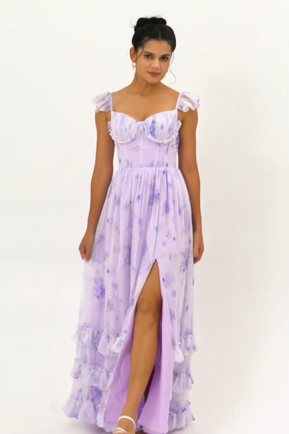 Lavender Corset Floral Maxi Ruffled Bridesmaid Dress with Slit