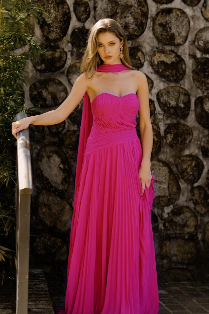 Fuchsia Pleated Neck Scarf Strapless Maxi Prom Dress