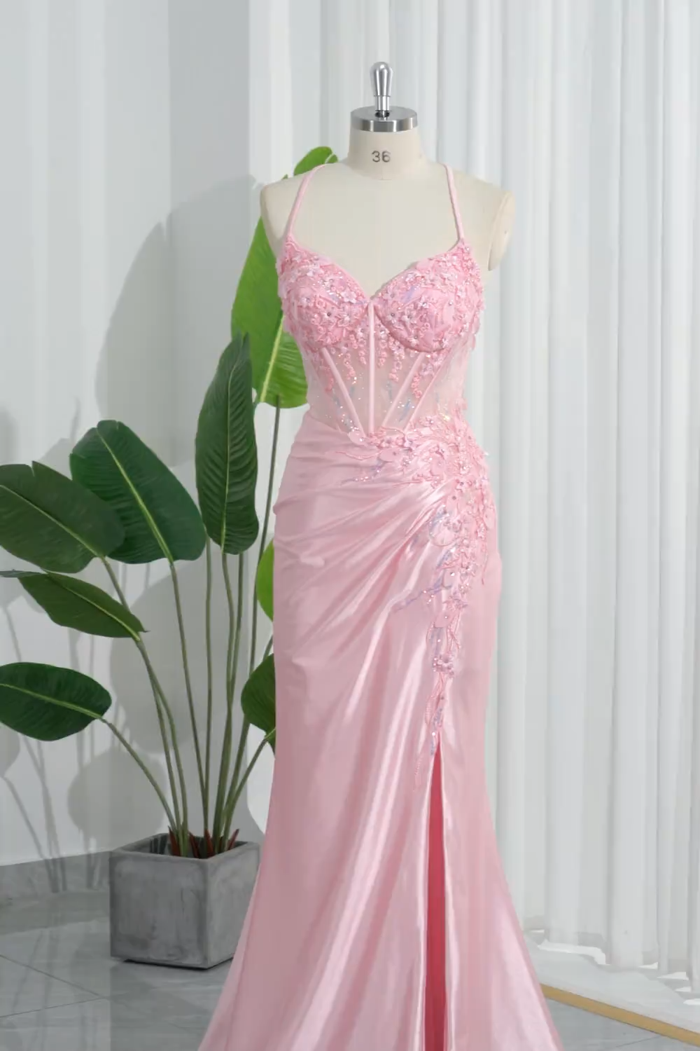 Pink Corset Applique Satin Mermaid Prom Dress with Slit