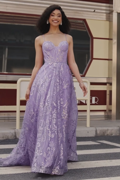 Lilac Princess A Line Spaghetti Straps Long Corset Prom Dress With Beading
