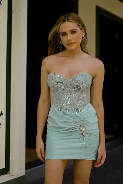 Grey Green Corset Tight Short Sparkly Homecoming Dress with Sequins