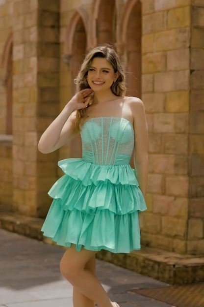 Sparkly Corset Green Ruffled Strapless Short Homecoming Dress with Bow
