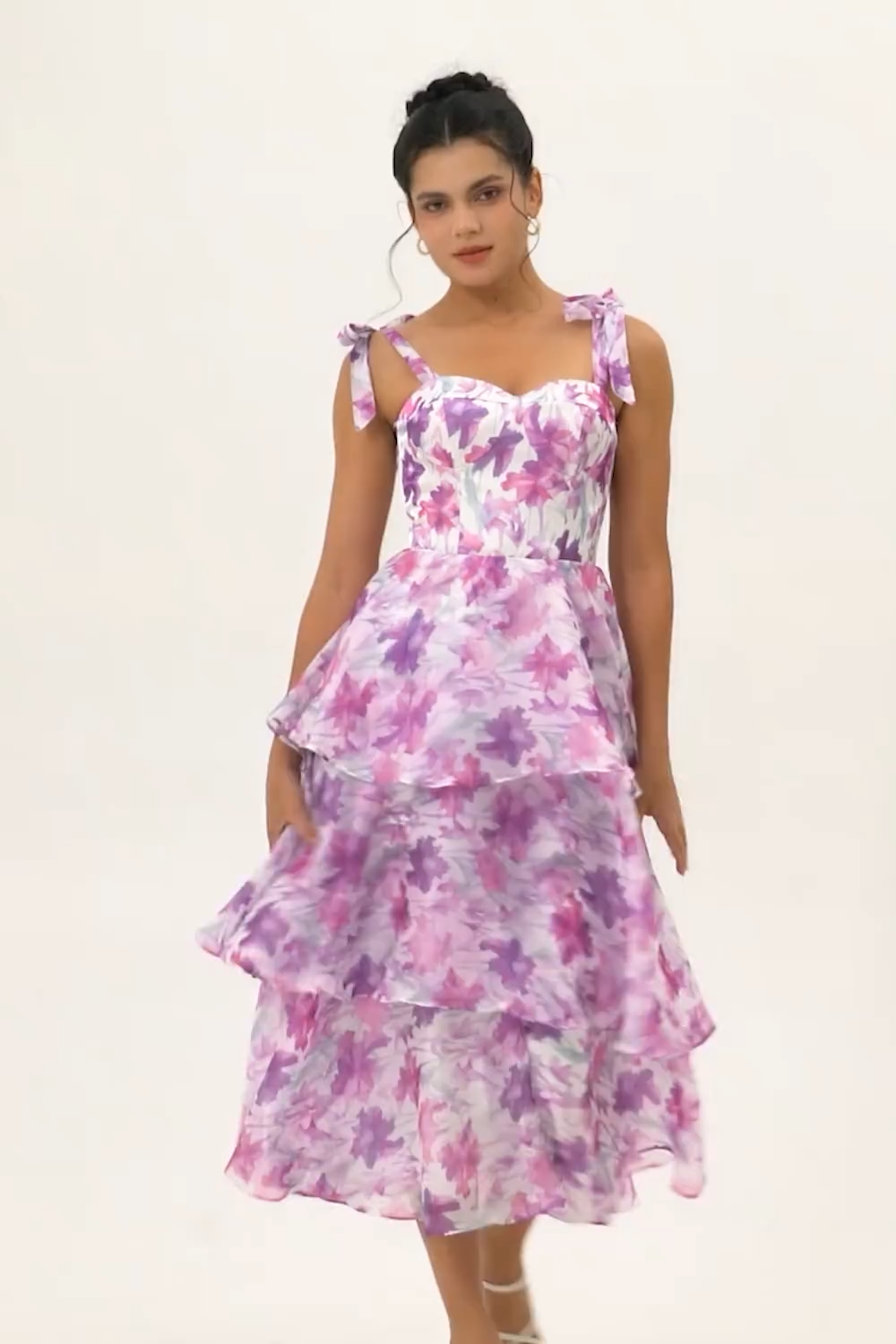 Purple Flower Ruffled Tiered A Line Midi Wedding Guest Dress