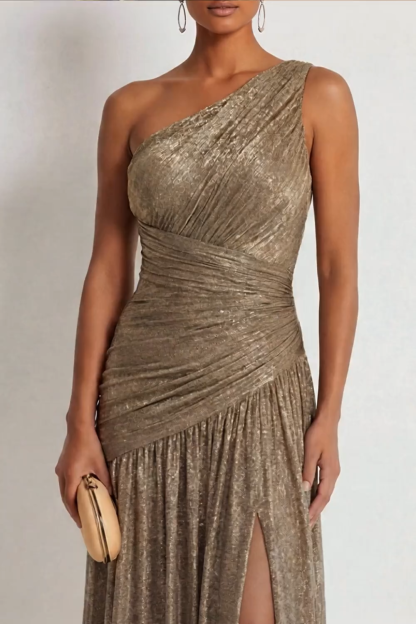 One Shoulder Gold Sheath Ruched Long Formal Dress with Slit