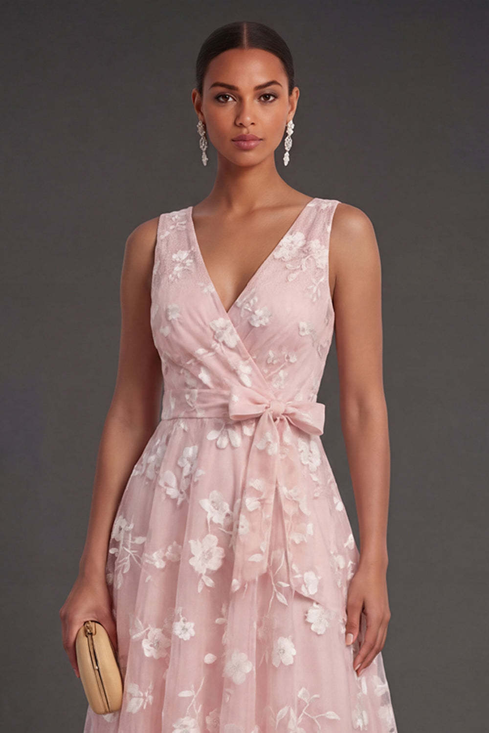 Blue A Line Floral V Neck Ruched Midi Beach Wedding Guest Dress