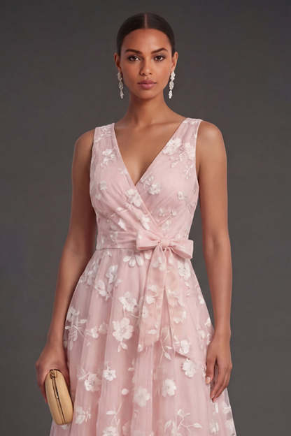 Blue A Line Floral V Neck Ruched Midi Beach Wedding Guest Dress