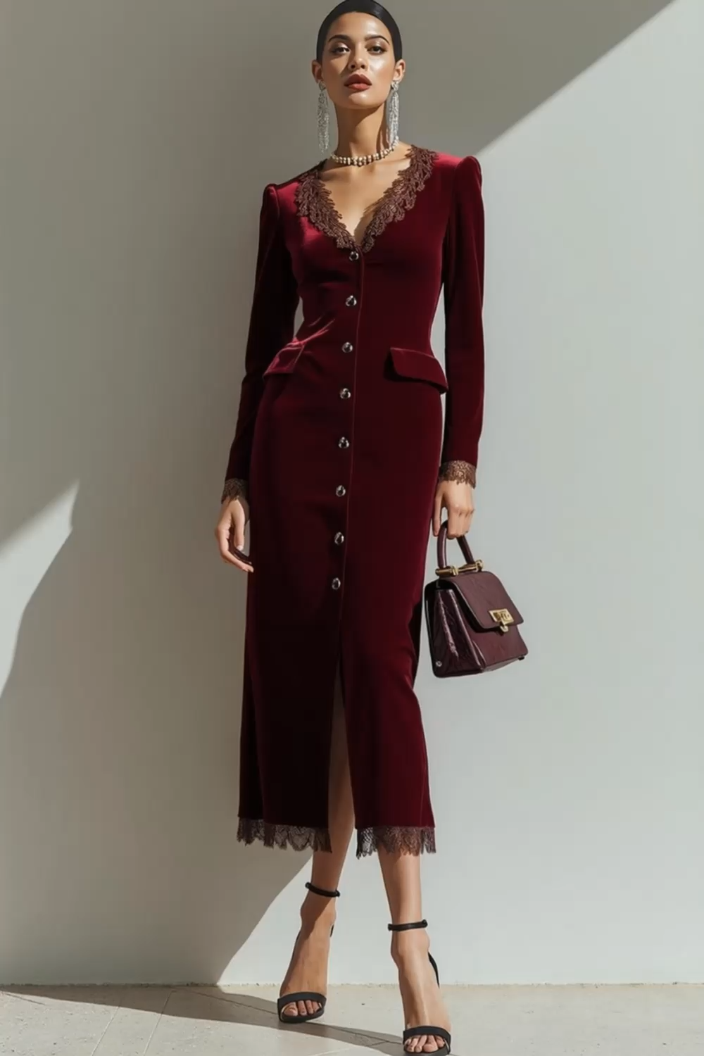 Maxi Cabernet Velvet V Neck Sheath Holiday Party Dress with Buttons