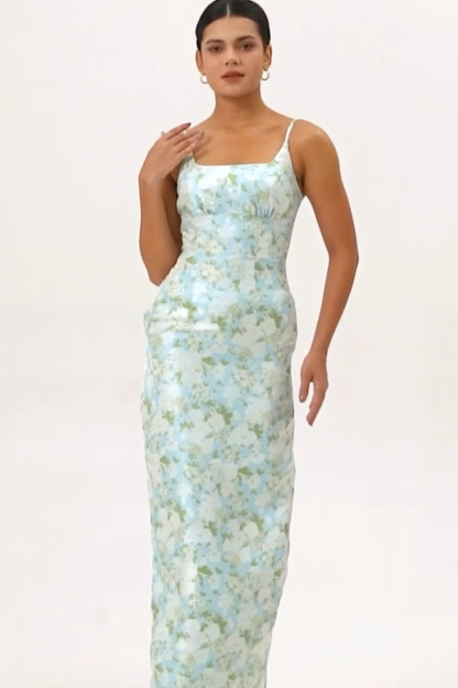 White Sage Sheath Floral Maxi Bridesmaid Dress with Pockets