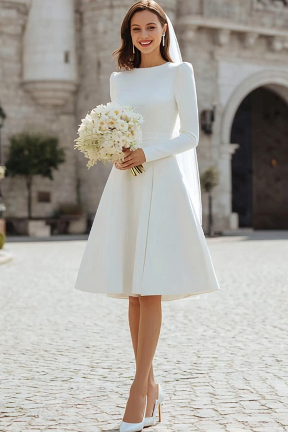 Ivory Satin Short A Line Simple Wedding Dress with Sleeves