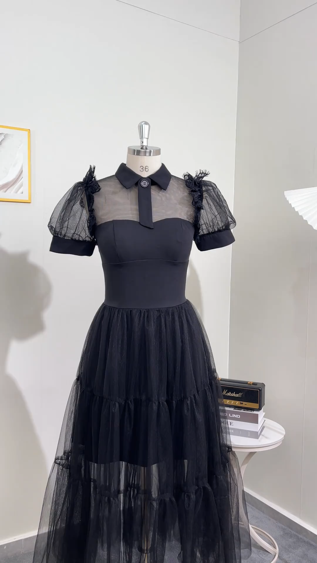 Black Tulle A Line Collar Neck Midi Cocktail Party Dress Cosplay Costume