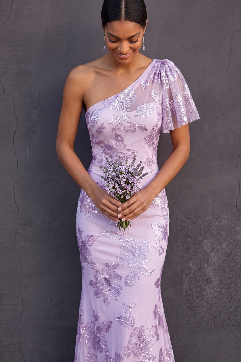 Lilac Floral One Shoulder Appliqued Mermaid Long Wedding Guest Dress
