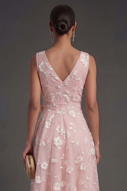 Blue A Line Floral V Neck Ruched Midi Beach Wedding Guest Dress