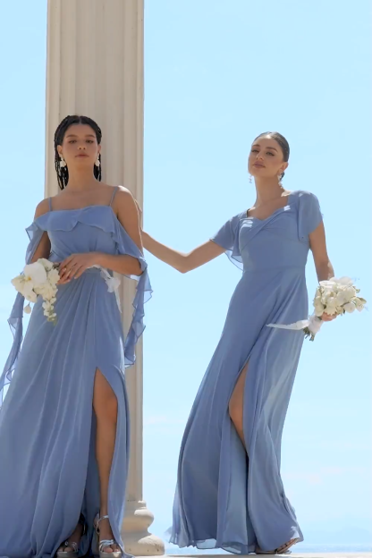 Grey Blue Halter Pleated Backless A-Line Bridesmaid Dress with Slit