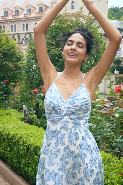 White Blue Flower Pleated A Line Floral Wedding Guest Dress