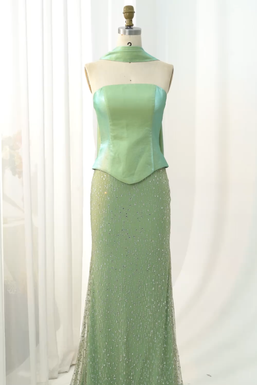 Sparkly Sage Green Mermaid Strapless Neck Scarf Long Prom Dress