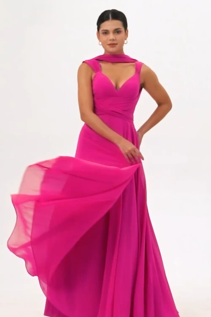 Fuchsia Chiffon A Line Maxi Bridesmaid Dress with Slit