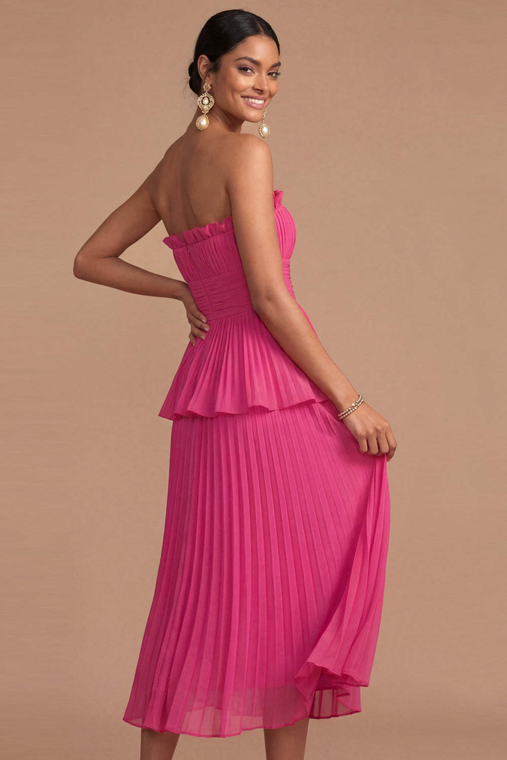 Raspberry Strapless A Line Pleated Midi Wedding Guest Dress