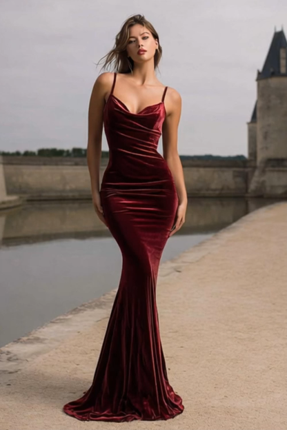 Burgundy Velvet Mermaid Spaghetti Straps Long Holiday Party Dress