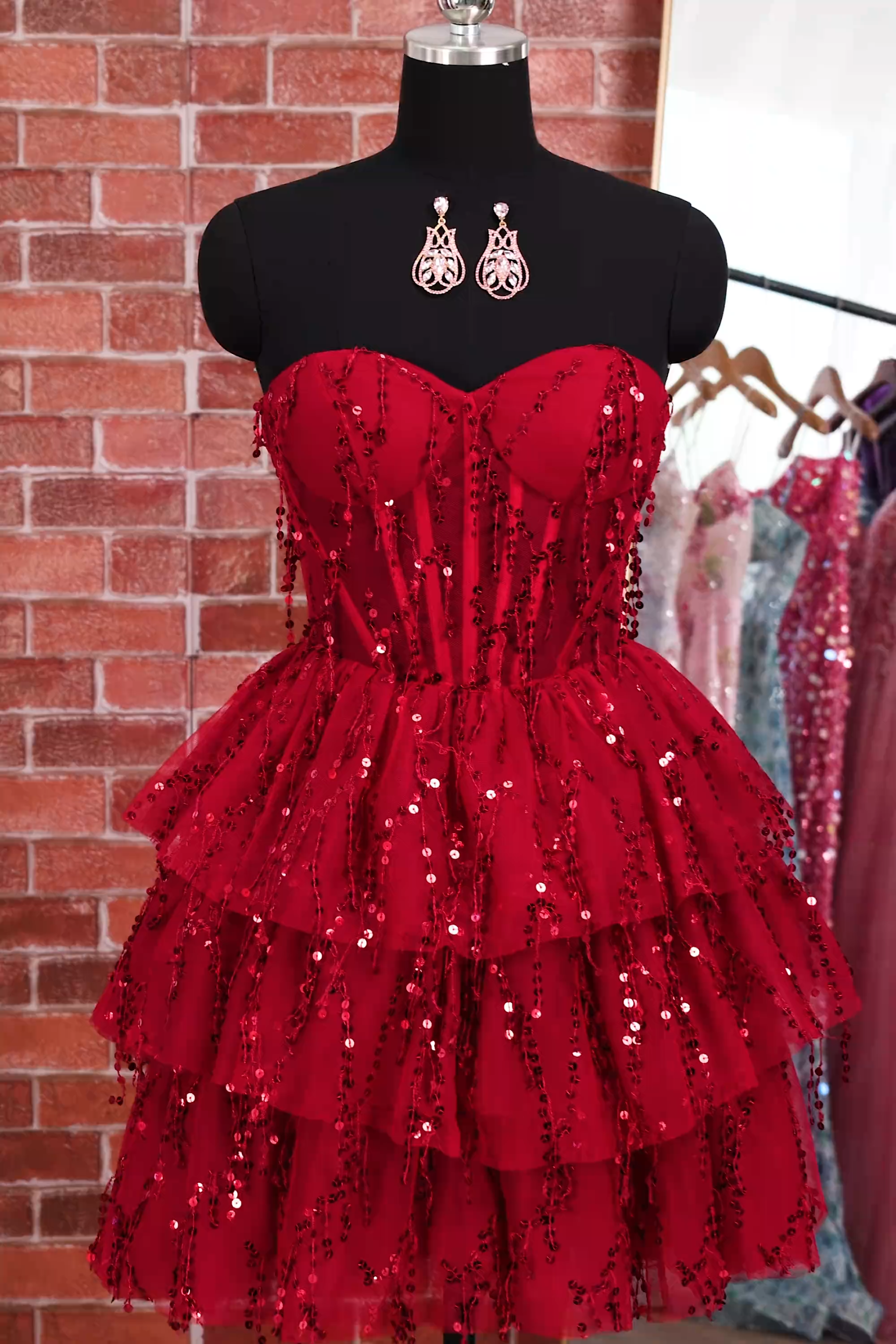 Sparkly Burgundy A Line Tiered Sequined Corset Short Homecoming Dress