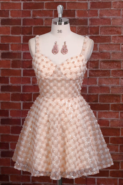 Sparkly Champagne Floral Sequin A Line Short Homecoming Dress