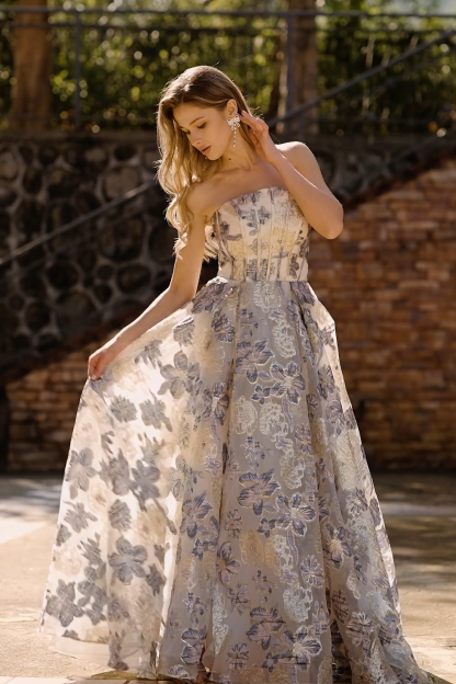 Floral Dusty Blue Strapless A Line Maxi Corset Prom Dress with Slit