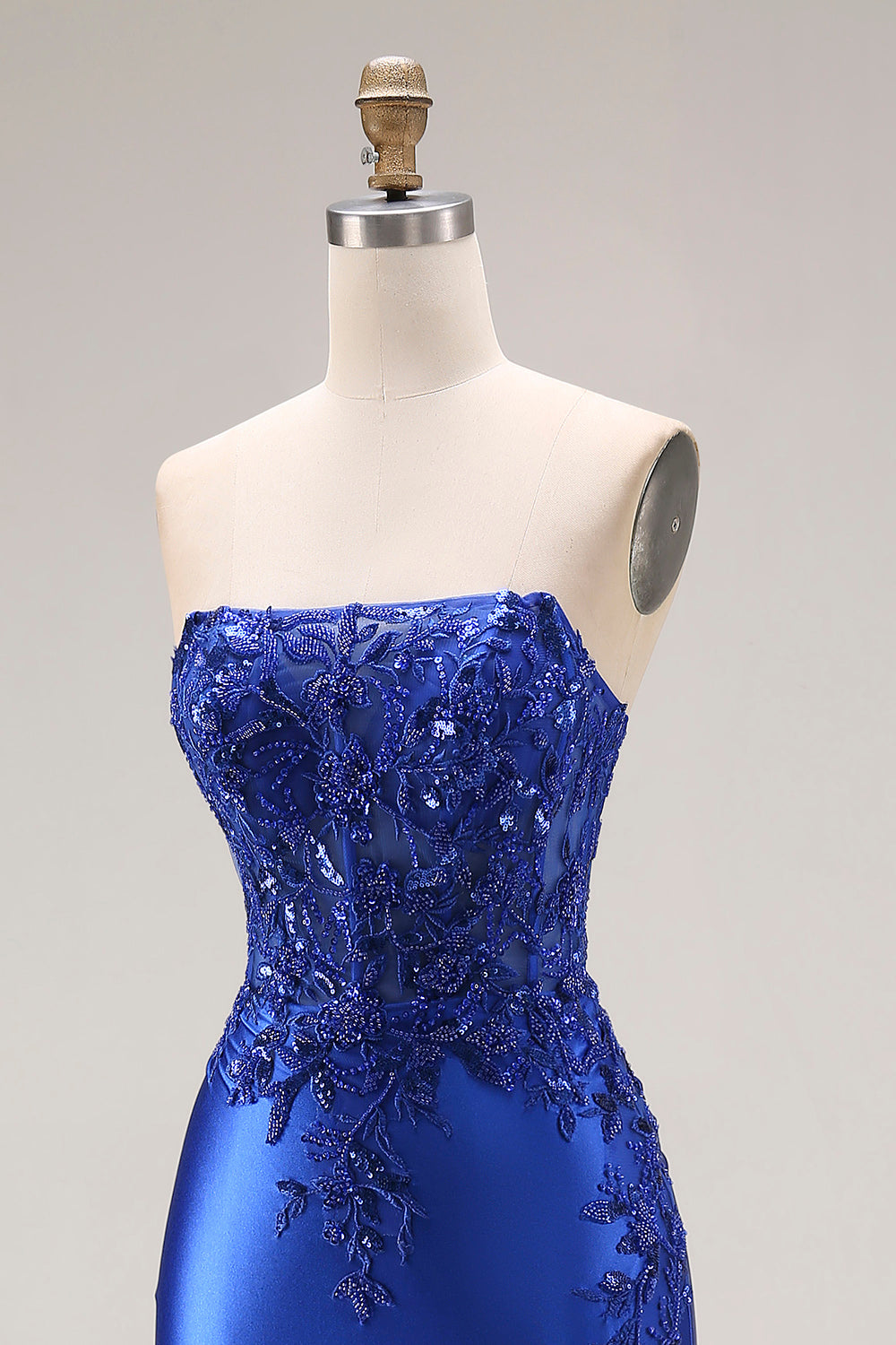 Mermaid Strapless Appliqued Royal Blue Long Prom Dress with Slit