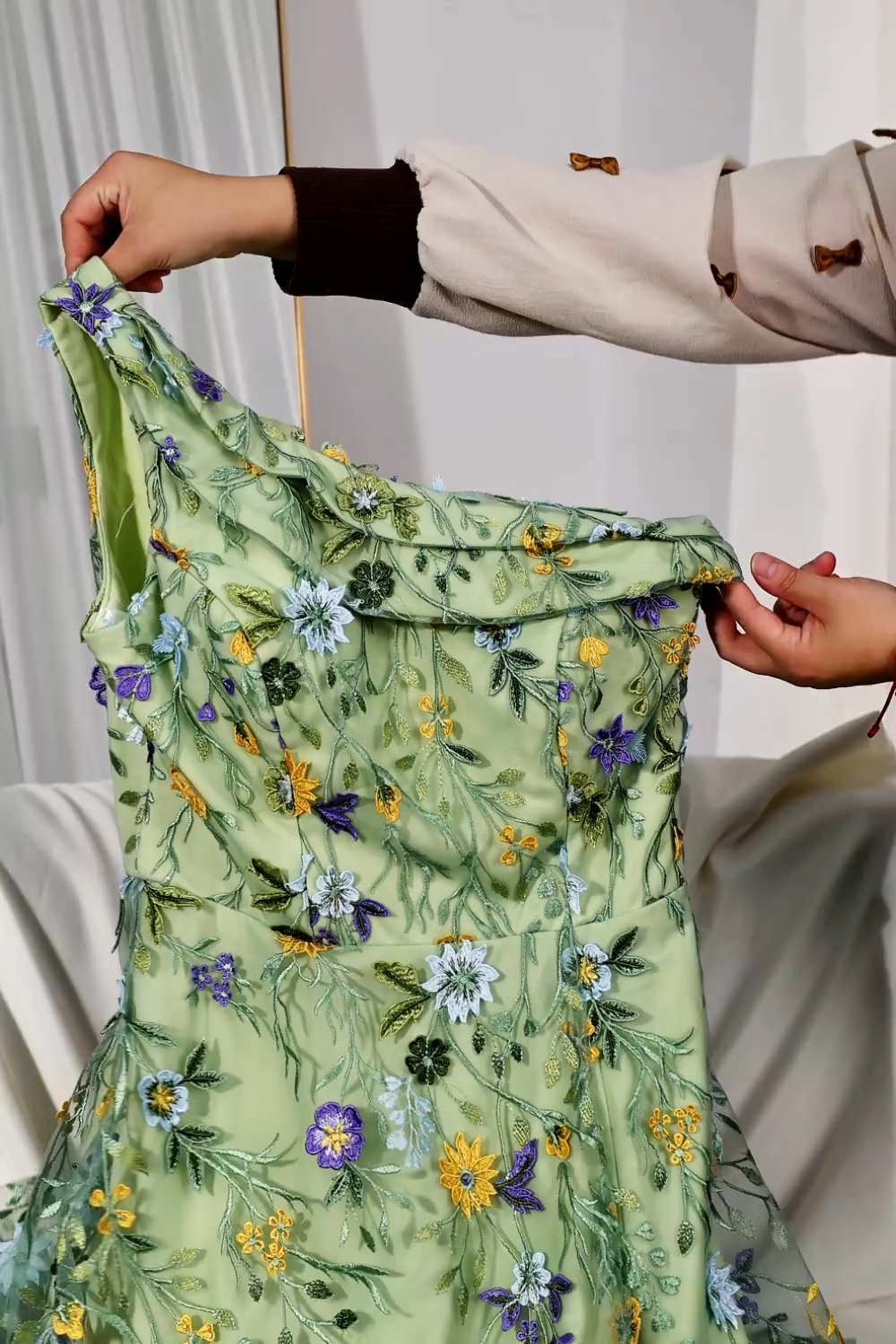 Mauve A Line Floral One Shoulder Floral Long Wedding Guest Dress with Slit