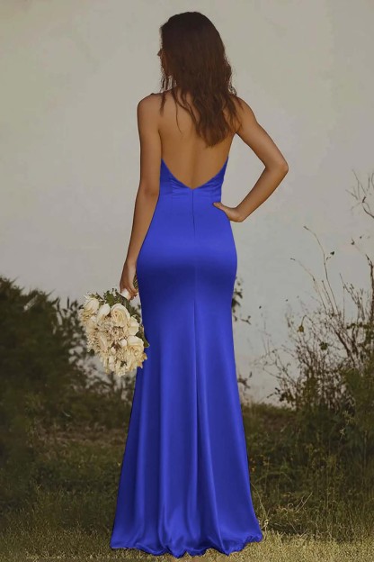 Elegant Light Yellow Sheath Halter Long Satin Bridesmaid Dress