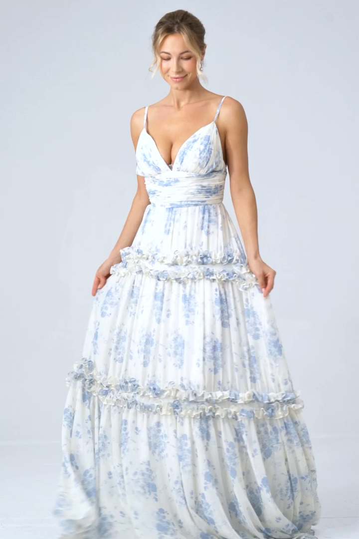 White Blue Flower A Line Backless Tulle Pleated Spaghetti Straps Long Bridesmaid Dress