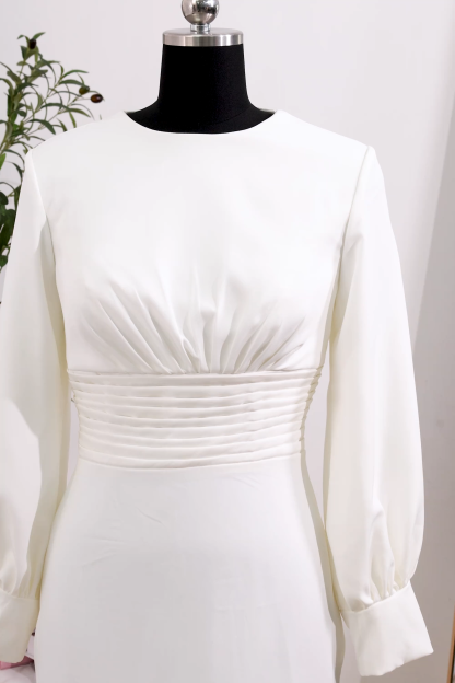 Simple White Sheath Crew Neck Midi Engagement Dress with Sleeves