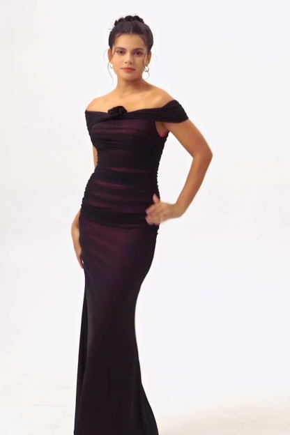 Black Pink Mermaid Off the Shoulder Long Bridesmaid Dress with 3D Flower