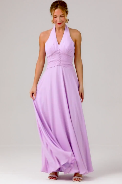 Purple A Line Halter Chiffon Long Backless Bridesmaid Dress