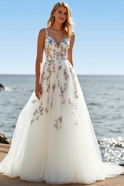 Floral A Line White V-Neck Sweep Train Wedding Dress