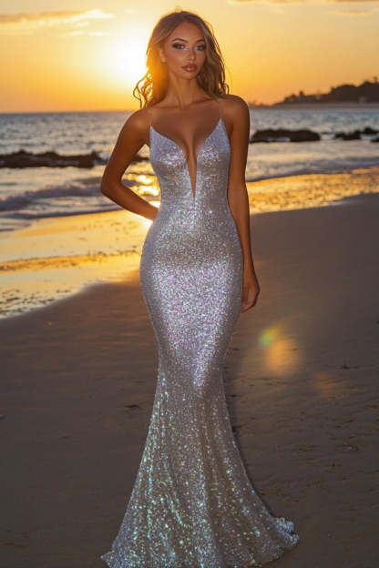 Leely Women Sparkly Silver Spaghetti Straps Mermaid Sequined Formal Dress Floor Length Gala Dress
