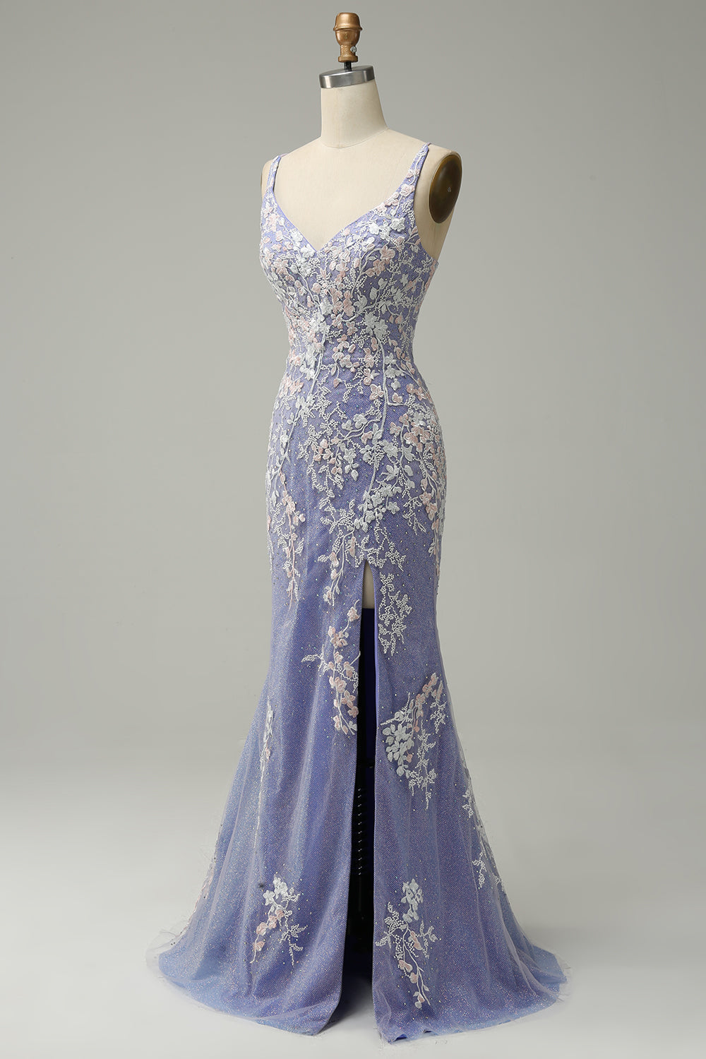 Light Blue Mermaid V Neck Long Appliqued Prom Dress With Slit