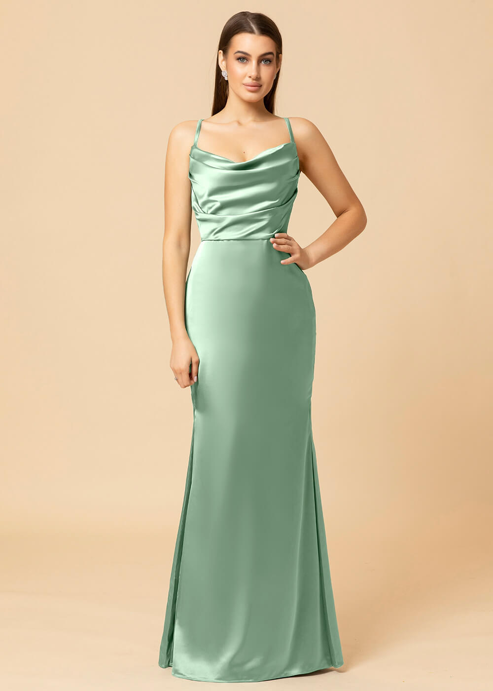 Cowl Necl Sheath Satin Maxi Bridesmaid Dress