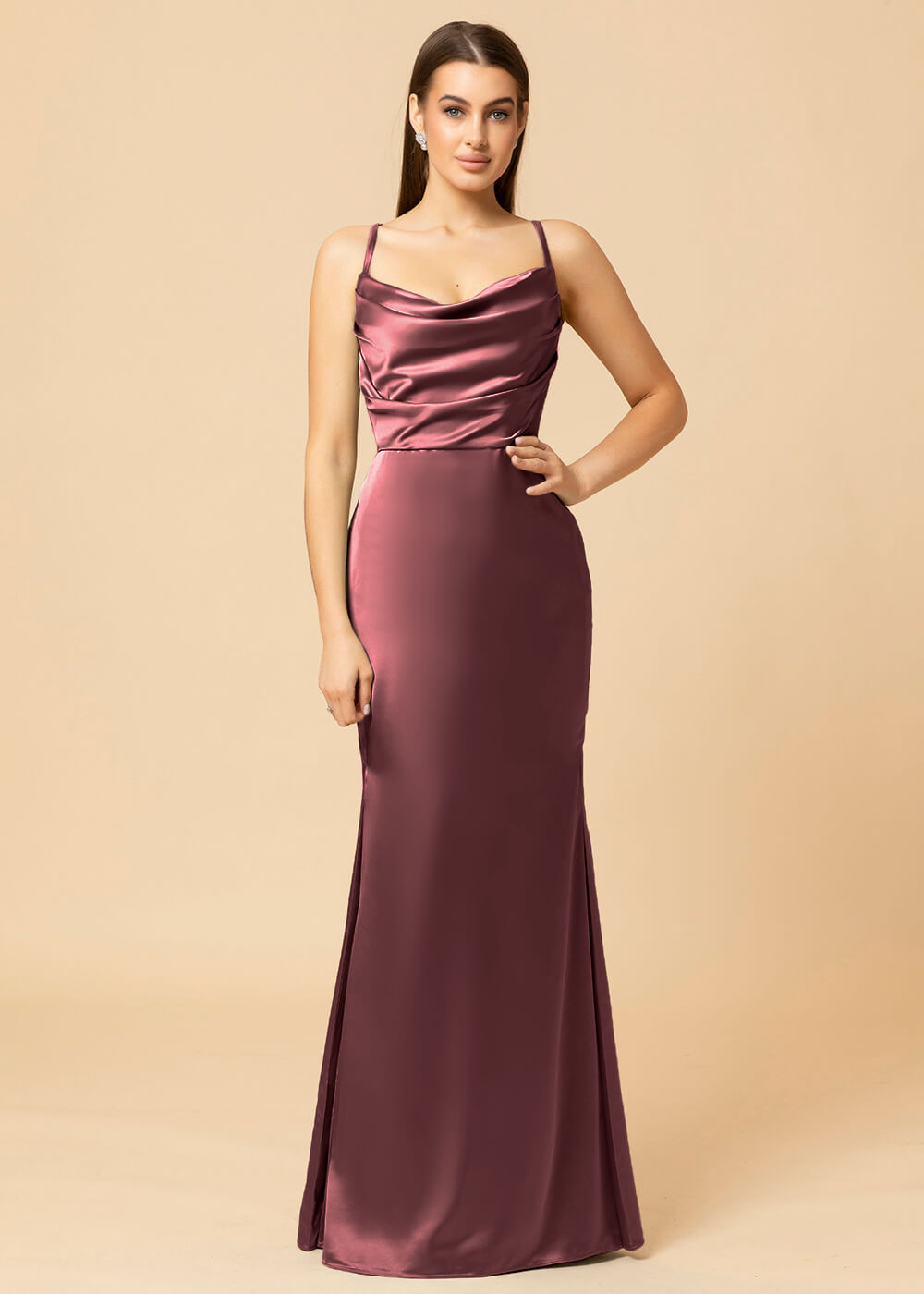 Cowl Necl Sheath Satin Maxi Bridesmaid Dress