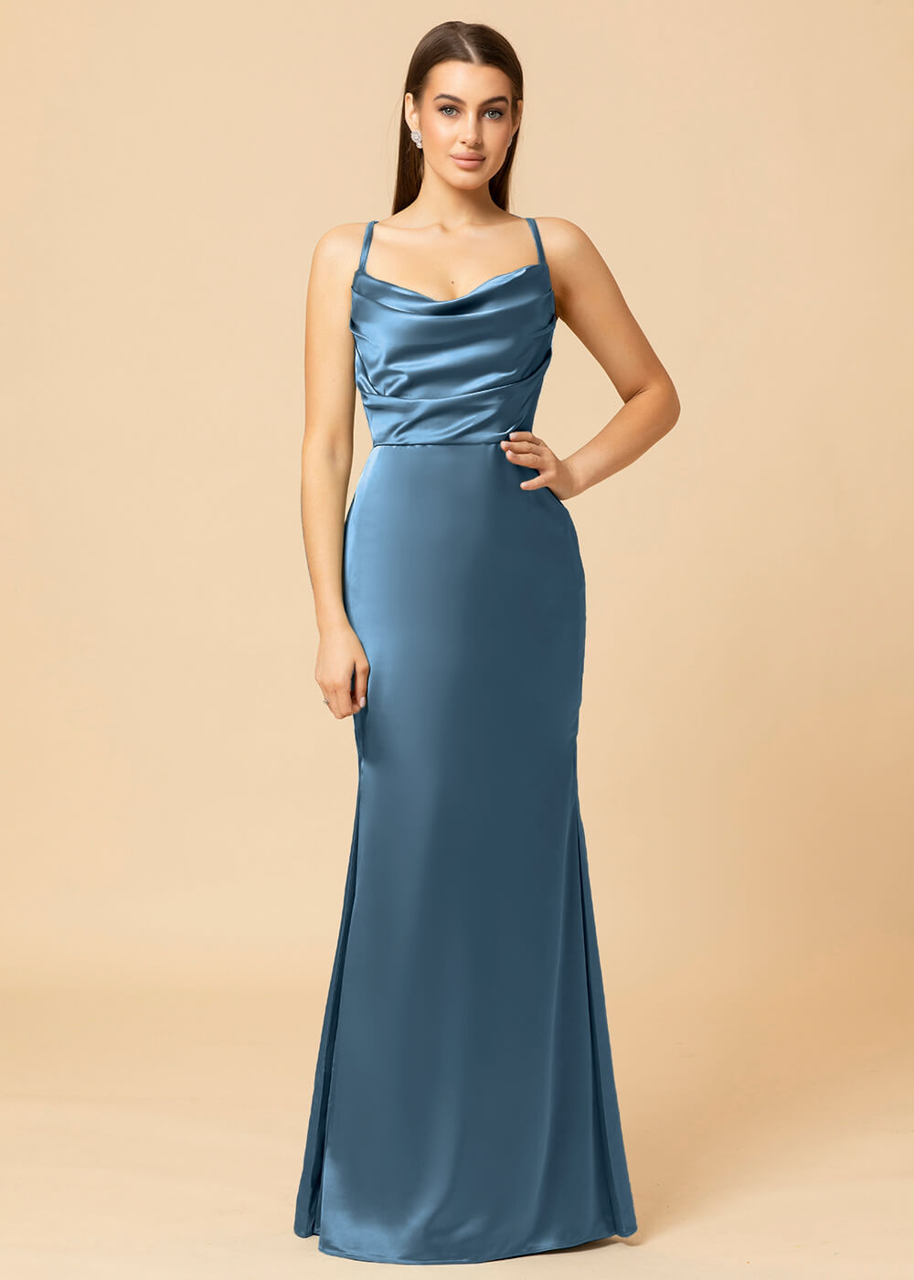 Cowl Necl Sheath Satin Maxi Bridesmaid Dress