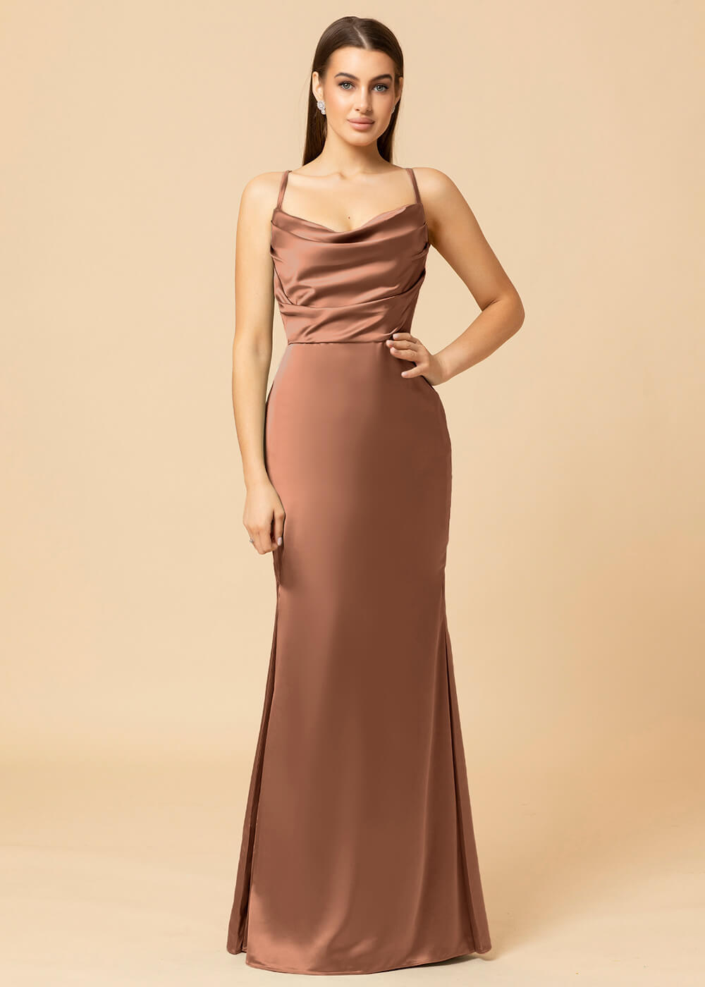 Cowl Necl Sheath Satin Maxi Bridesmaid Dress