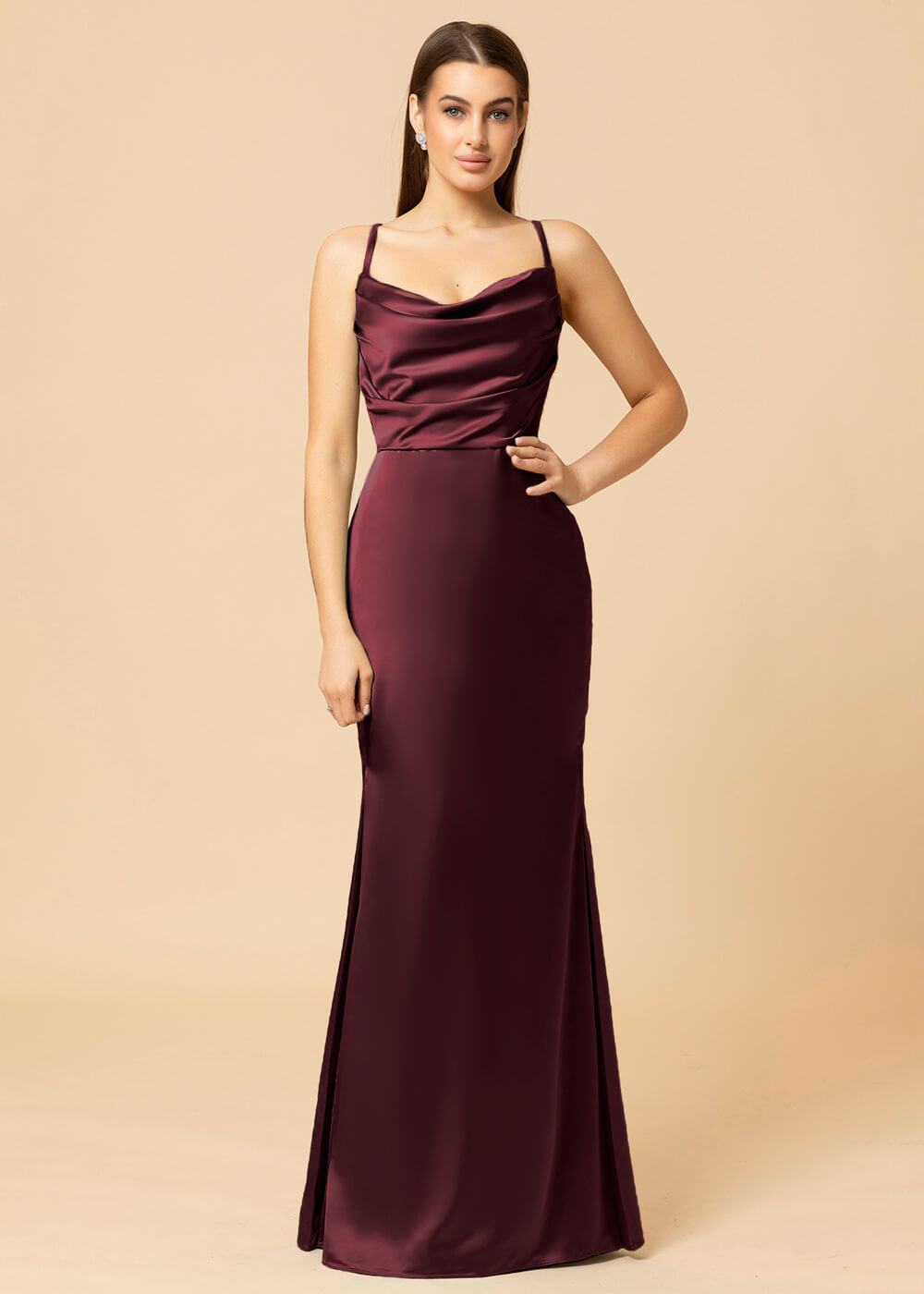 Cowl Necl Sheath Satin Maxi Bridesmaid Dress