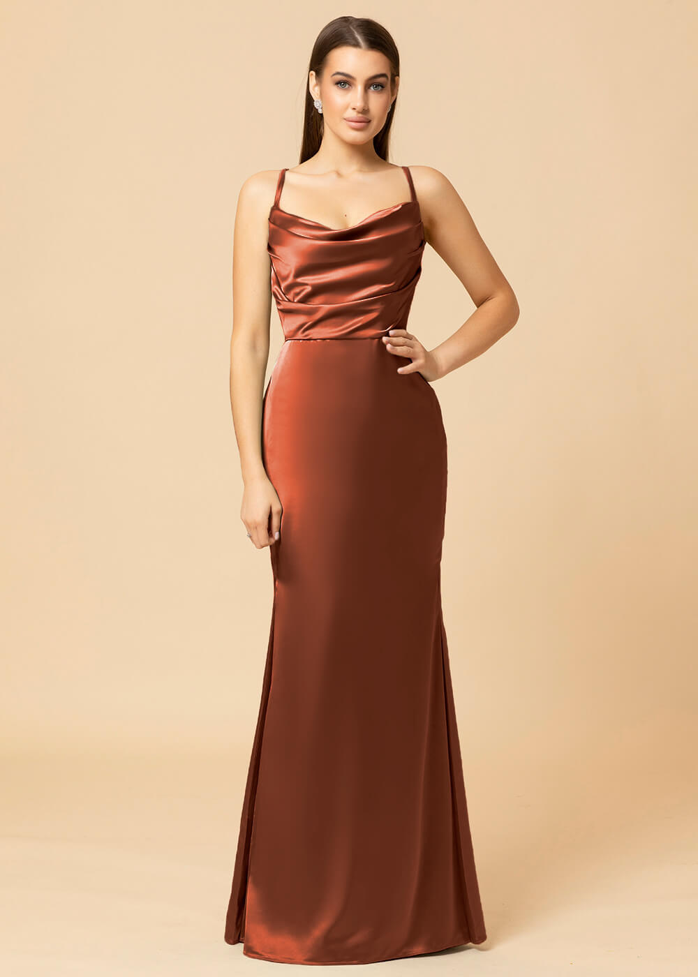 Cowl Necl Sheath Satin Maxi Bridesmaid Dress