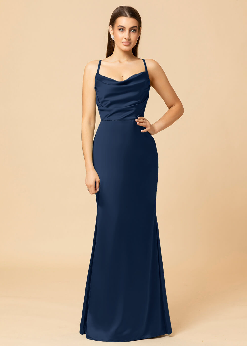 Cowl Necl Sheath Satin Maxi Bridesmaid Dress