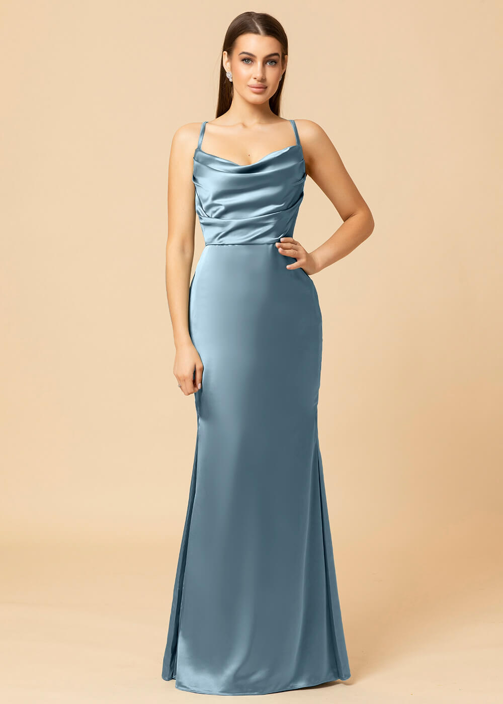 Cowl Necl Sheath Satin Maxi Bridesmaid Dress